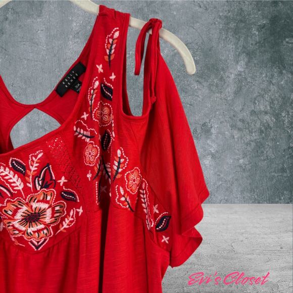 Kelly Renee Bohemian Red Embroidered Tie Cold Shoulder Peasant Tunic Blouse 3X - Picture 4 of 15
